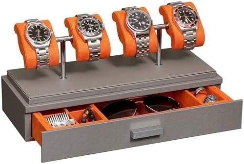ROTHWELL Luxury Watch Display Case for 4 Watches ️ Kotak jam tangan kulit dengan penutup akrilik dan slide yang bisa dilepas di bantal