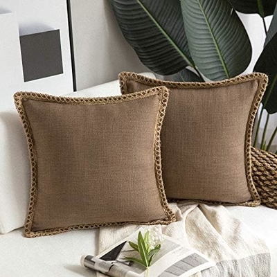 Phantoscope Paket dari 2 rumah pertanian dekoratif lempar bantal penutup, pola padat untuk rumah Burlap Linen trimmed disesuaikan
