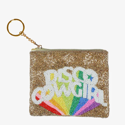 Dompet koin ringkas dengan manik-manik rumit, penutup ritsleting atas yang aman, dan gantungan kunci berwarna emas, ideal untuk menyimpan koin dan barang-barang kecil