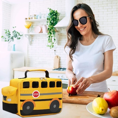 Kotak makan siang untuk anak-anak Anak laki-laki Anak perempuan Tas makan siang sekolah Digunakan kembali Pendingin Termal Tote untuk piknik (Bus sekolah kuning)