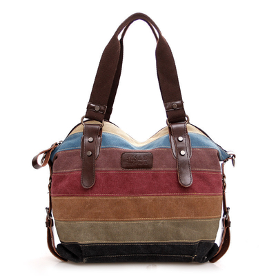 TREND NEW Rainbow STRIPED CANVAS BAG MODA PATCHWORK tas wanita air cuci tas kain