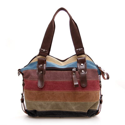 TREND NEW Rainbow STRIPED CANVAS BAG MODA PATCHWORK tas wanita air cuci tas kain