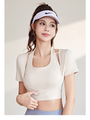 Baru cepat kering peach HALTER TOP yoga lengan pendek lengan pendek dengan dada pad ketat kebugaran T-shirt olahraga lengan pendek