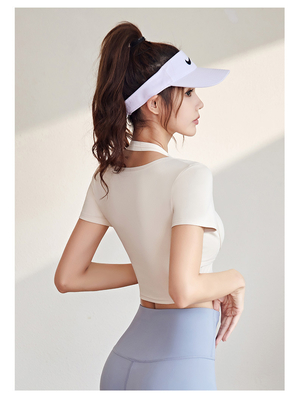 Baru cepat kering peach HALTER TOP yoga lengan pendek lengan pendek dengan dada pad ketat kebugaran T-shirt olahraga lengan pendek