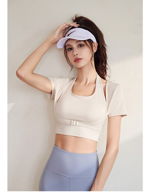 Baru cepat kering peach HALTER TOP yoga lengan pendek lengan pendek dengan dada pad ketat kebugaran T-shirt olahraga lengan pendek