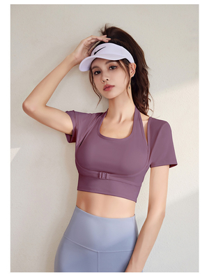Baru cepat kering peach HALTER TOP yoga lengan pendek lengan pendek dengan dada pad ketat kebugaran T-shirt olahraga lengan pendek