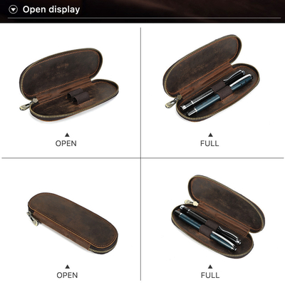 TANGGAL-BORNER RETRO CRAZY Kulit kuda tas pena buatan tangan 2 OVAL ZIPPER portabel kasus pena