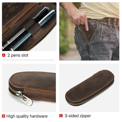 TANGGAL-BORNER RETRO CRAZY Kulit kuda tas pena buatan tangan 2 OVAL ZIPPER portabel kasus pena