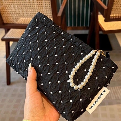 POLKA DOT BLACK MAKEUP BAG GOLD SKINCARE Storage BAG membawa koin portabel dompet perjalanan cuci