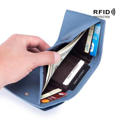Anti-pencurian sikat kulit wanita dompet kartu pendek tas tiga lipat dompet kecil RFID MINI kulit sapi koin dompet lintas-borda