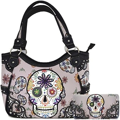 punk gothic rock metal skull hari orang mati bunga gula tengkorak kulit tas wanita tas bahu tas dompet set