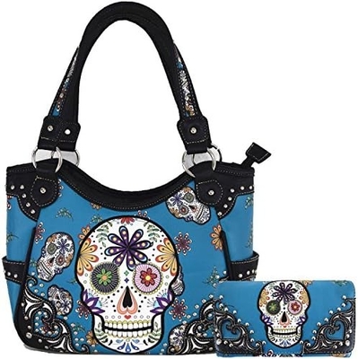 punk gothic rock metal skull hari orang mati bunga gula tengkorak kulit tas wanita tas bahu tas dompet set