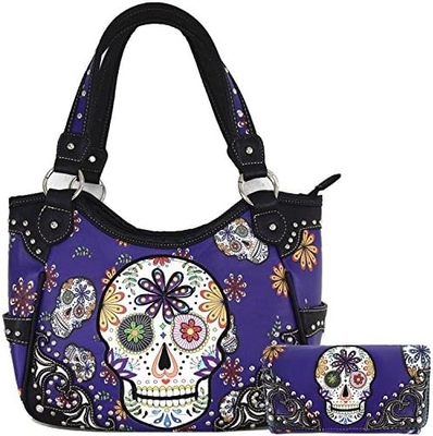 punk gothic rock metal skull hari orang mati bunga gula tengkorak kulit tas wanita tas bahu tas dompet set