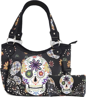 punk gothic rock metal skull hari orang mati bunga gula tengkorak kulit tas wanita tas bahu tas dompet set