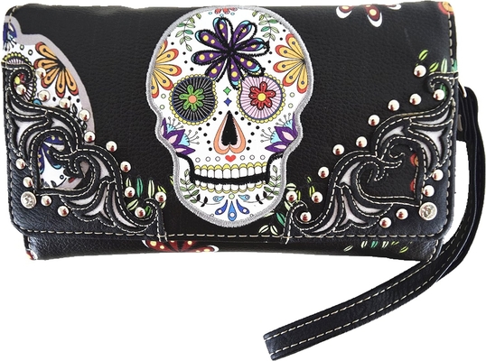 punk gothic rock metal skull hari orang mati bunga gula tengkorak kulit tas wanita tas bahu tas dompet set