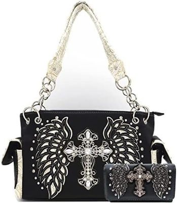 STYLE WESTERN RINESTONE CROSS STUDED laser cut wings alat kulit dompet wanita tas tangan negara tas bahu dompet S