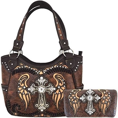 STYLE WESTERN RINESTONE CROSS STUDED laser cut wings alat kulit dompet wanita tas tangan negara tas bahu dompet S