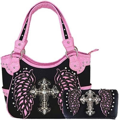 STYLE WESTERN RINESTONE CROSS STUDED laser cut wings alat kulit dompet wanita tas tangan negara tas bahu dompet S
