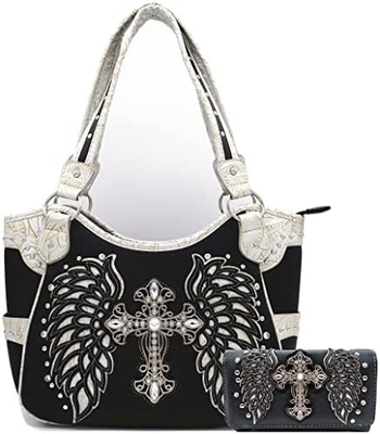 STYLE WESTERN RINESTONE CROSS STUDED laser cut wings alat kulit dompet wanita tas tangan negara tas bahu dompet S