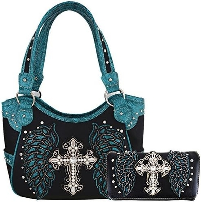 STYLE WESTERN RINESTONE CROSS STUDED laser cut wings alat kulit dompet wanita tas tangan negara tas bahu dompet S