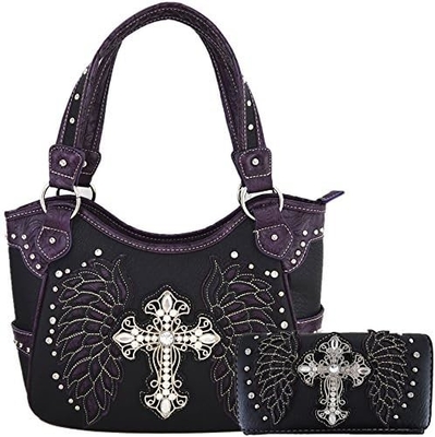 STYLE WESTERN RINESTONE CROSS STUDED laser cut wings alat kulit dompet wanita tas tangan negara tas bahu dompet S