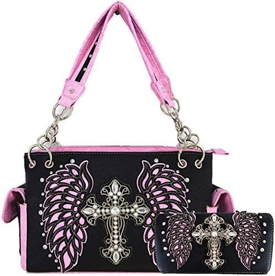 STYLE WESTERN RINESTONE CROSS STUDED laser cut wings alat kulit dompet wanita tas tangan negara tas bahu dompet S