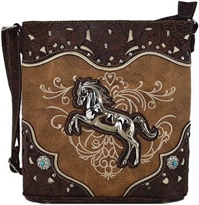 Gaya barat kuda tas bordir floral rhinestone studi crossbody tas tangan Cowgirl negara wanita tunggal bahu B