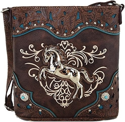 Gaya barat kuda tas bordir floral rhinestone studi crossbody tas tangan Cowgirl negara wanita tunggal bahu B
