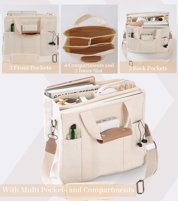 Kantong Tote Canvas dengan Multi Pockets Crossbody Tote Bag untuk Wanita Trendy Shoulder Handbag Everything Tote Bag dengan Compart