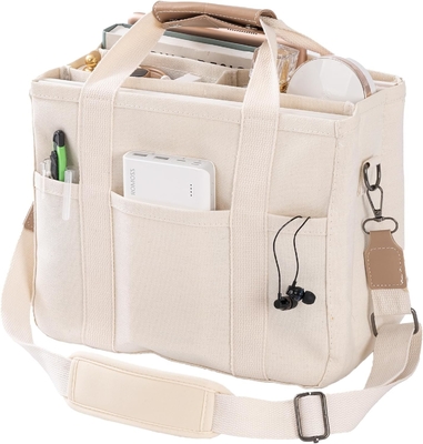 Kantong Tote Canvas dengan Multi Pockets Crossbody Tote Bag untuk Wanita Trendy Shoulder Handbag Everything Tote Bag dengan Compart
