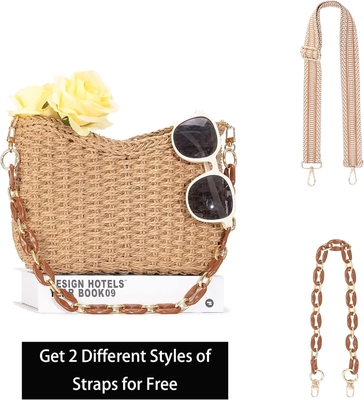 HERALD handmade straw small pocketbook crossbody bag for women, summer chic woven handbag shoulder purse dengan rantai