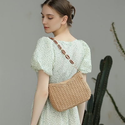 HERALD handmade straw small pocketbook crossbody bag for women, summer chic woven handbag shoulder purse dengan rantai