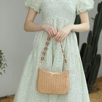 HERALD handmade straw small pocketbook crossbody bag for women, summer chic woven handbag shoulder purse dengan rantai