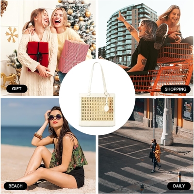 Tas pantai jerami untuk wanita musim panas tenunan Rattan Tote tas dompet jerami dan tas tangan untuk liburan dengan liontin