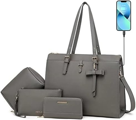 KEYLI 4PC SET laptop tas untuk wanita kulit besar laptop briefcase dengan USB charging port komputer bahu tas PU