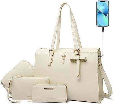 KEYLI 4PC SET laptop tas untuk wanita kulit besar laptop briefcase dengan USB charging port komputer bahu tas PU
