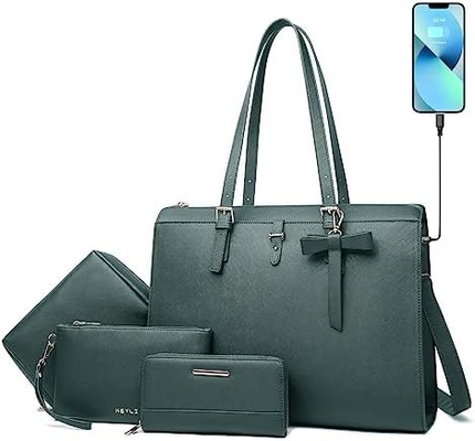 KEYLI 4PC SET laptop tas untuk wanita kulit besar laptop briefcase dengan USB charging port komputer bahu tas PU