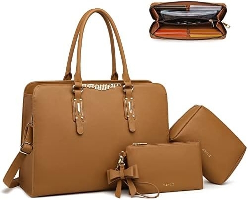KEYLI 4PC SET laptop tas untuk wanita kulit besar laptop briefcase dengan USB charging port komputer bahu tas PU