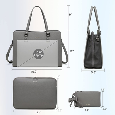 KEYLI 4PC SET laptop tas untuk wanita kulit besar laptop briefcase dengan USB charging port komputer bahu tas PU
