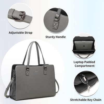 KEYLI 4PC SET laptop tas untuk wanita kulit besar laptop briefcase dengan USB charging port komputer bahu tas PU