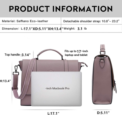 EASEGAVE 17 Inci Laptop Wanita Briefcase, Vintage Ungu Saffiano Eco-kulit, Multi-kompartemen, 3 LB kapasitas berat