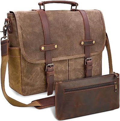 Pria tas utusan 15,6 inci tahan air vintage kulit asli lilin lilin briefcase besar satchel tas bahu