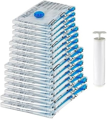 Amazon Basics Kompresi vakum Zipper Kantong penyimpanan Dengan Pompa Tangan, Medium, 5-Pack, Putih, Sky Blue