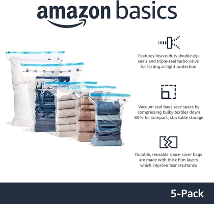 Amazon Basics Kompresi vakum Zipper Kantong penyimpanan Dengan Pompa Tangan, Medium, 5-Pack, Putih, Sky Blue