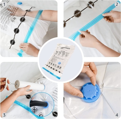 Amazon Basics Kompresi vakum Zipper Kantong penyimpanan Dengan Pompa Tangan, Medium, 5-Pack, Putih, Sky Blue