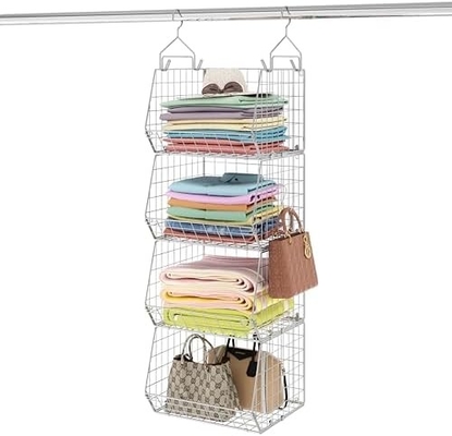X-COSRACK 4 TIER FOLDABLE ORGANIZER KAROBOT, rak pakaian dengan 5 S HOOKS, dinding mount &amp; kabinet kawat penyimpanan keranjang tempat sampah,