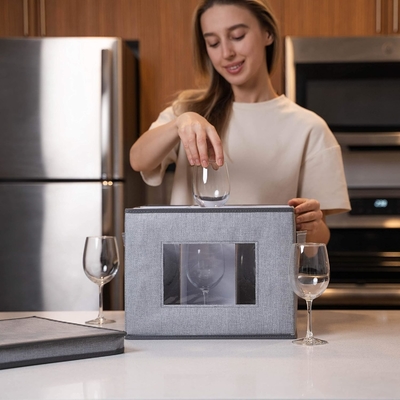 VENO 2 Pack Wine Glass Storage Box dengan tutup dan pegangan, Glasswares, China Organizer, bagus untuk bergerak, transportasi.