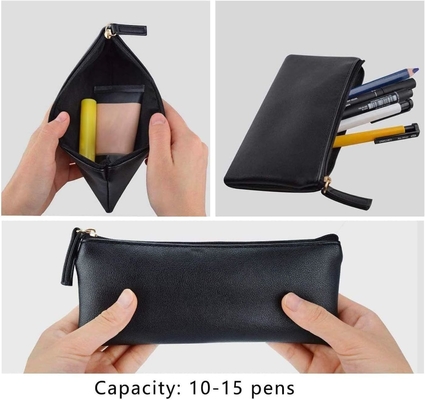 MROCO Pencil Case Pencil Pouch Black Pencil Bag PU Leather Pen Case Small Zipper Pouch untuk Pensil, Pena, Marker, Makeu