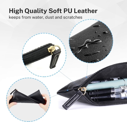 MROCO Pencil Case Pencil Pouch Black Pencil Bag PU Leather Pen Case Small Zipper Pouch untuk Pensil, Pena, Marker, Makeu