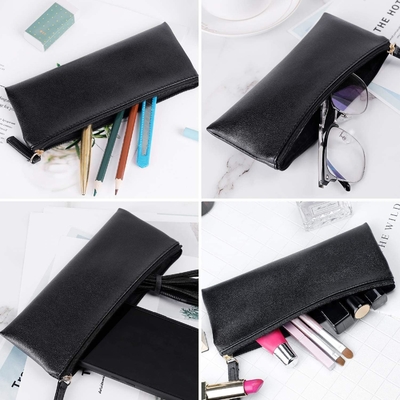MROCO Pencil Case Pencil Pouch Black Pencil Bag PU Leather Pen Case Small Zipper Pouch untuk Pensil, Pena, Marker, Makeu